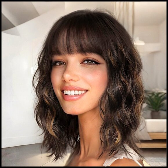 Synthetic Bob Wig with Bangs Heat Resistant Wavy Curly Hairstyle for Daily Party